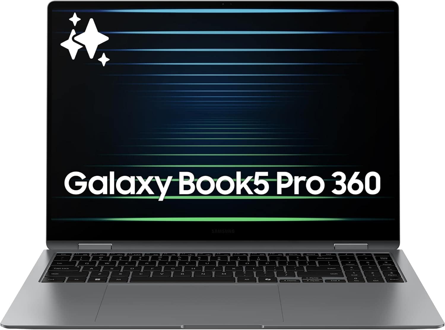 Samsung Galaxy Book5 Pro 360 laptop with a dark, striped screen background and white text displaying the product name.