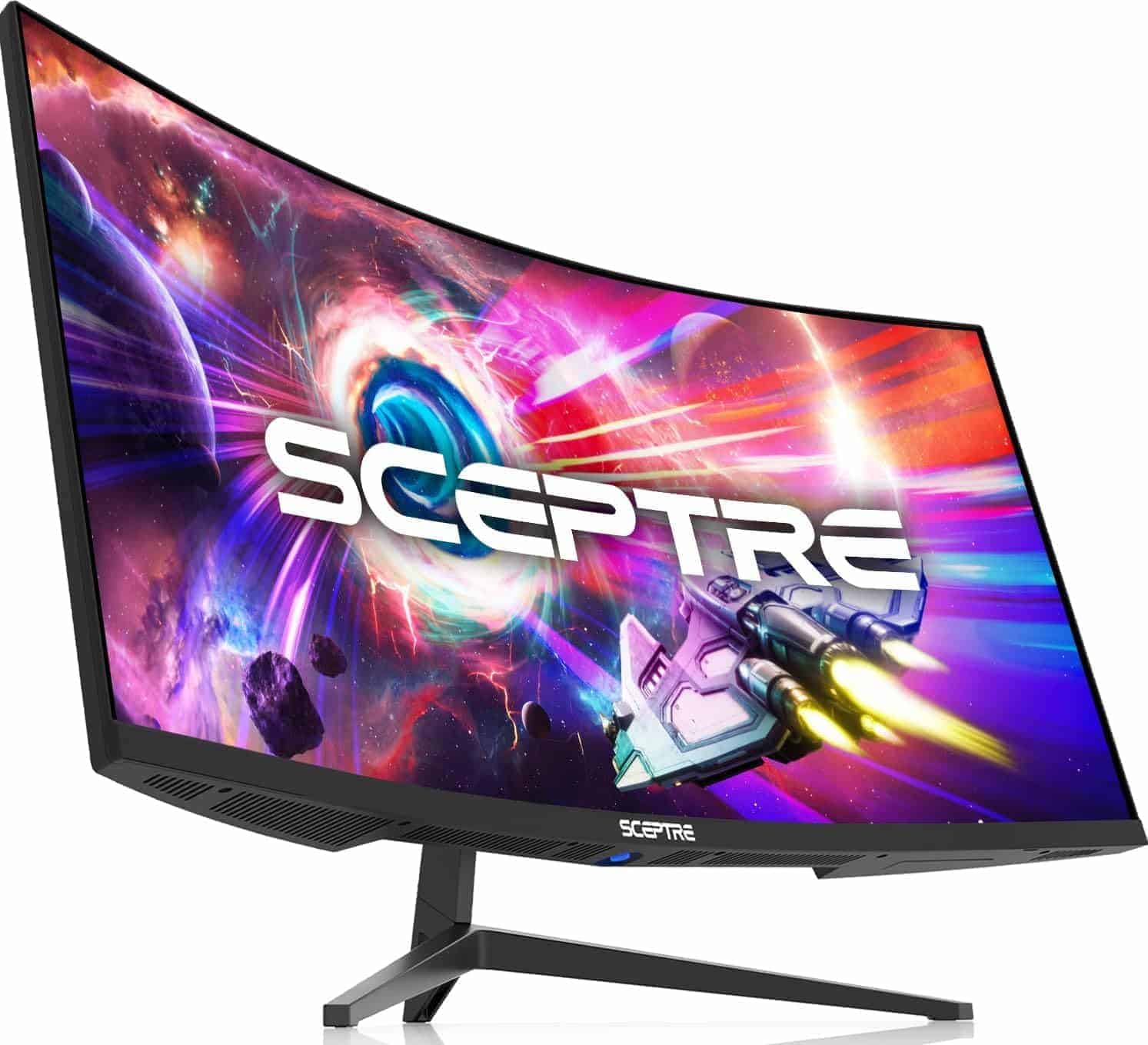A curved Sceptre computer monitor displays colorful outer space graphics with a spaceship and a wormhole.