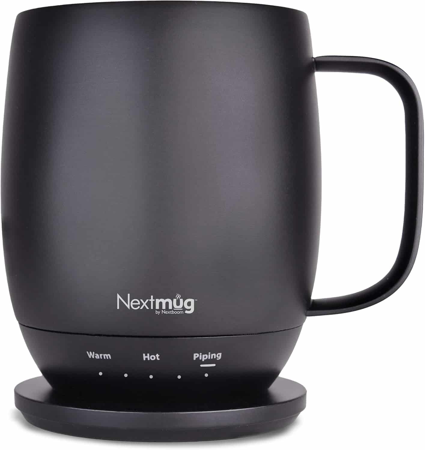 A black Nextmug sits on its base with indicator lights for warm, hot, and piping settings visible on the front.
