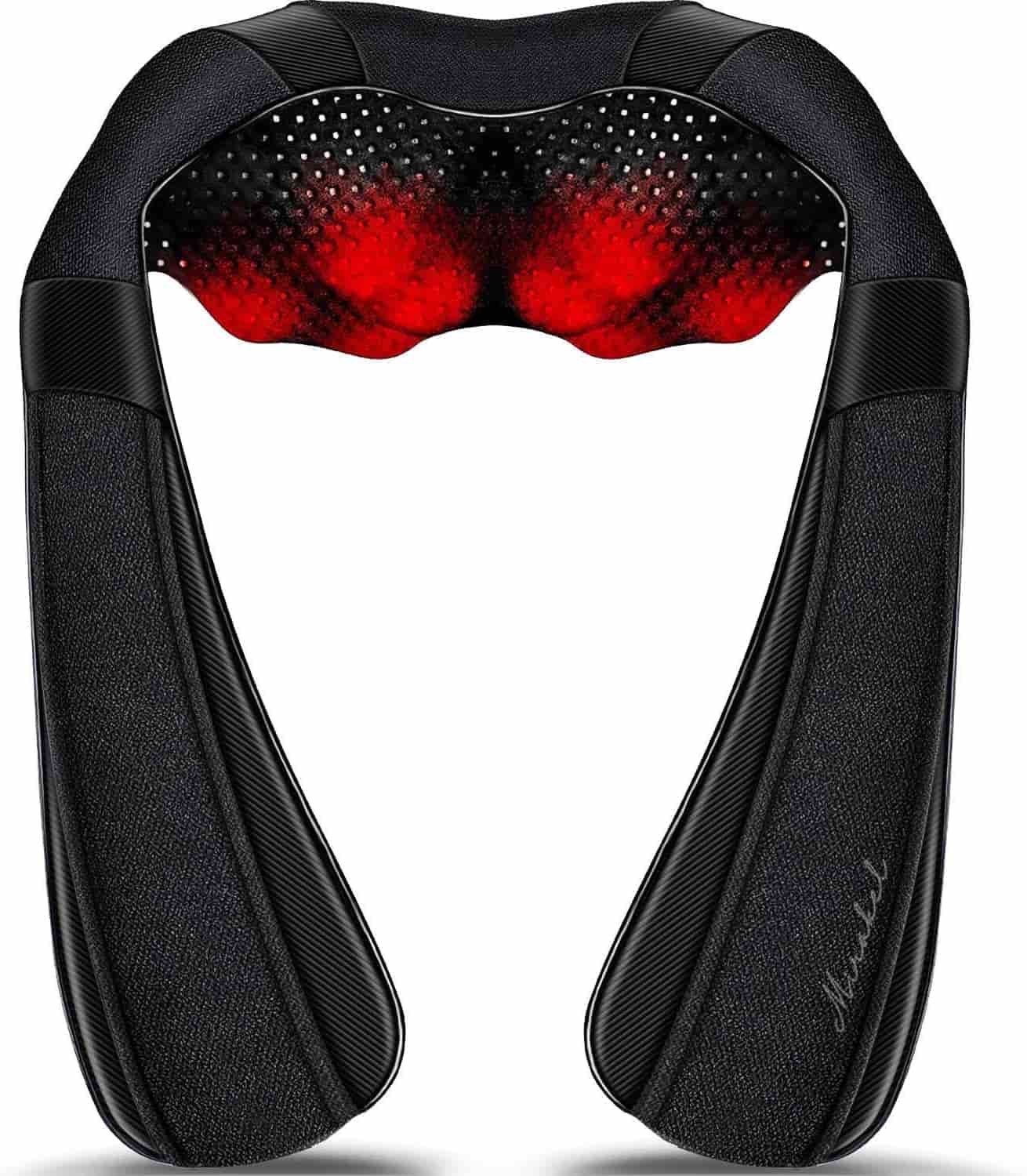 A black neck and shoulder massager with heated nodes, designed for muscle relaxation and pain relief.
