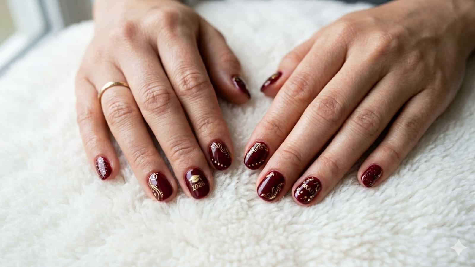Two hands with maroon nail polish and gold decorative designs resting on a white textured surface.