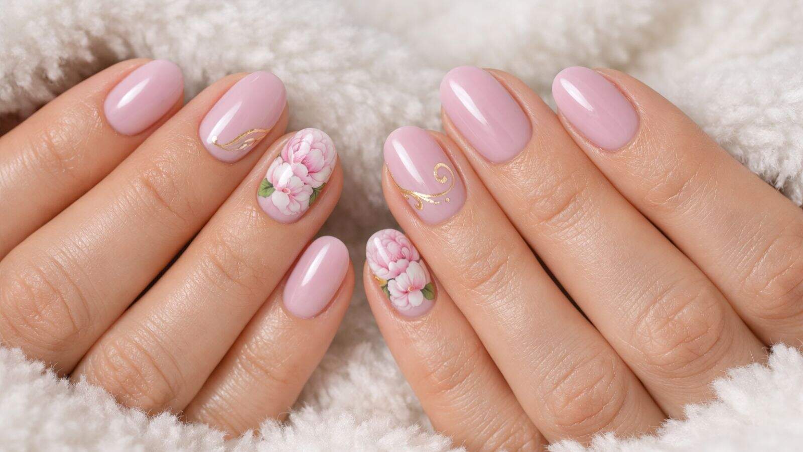 Hands with light pink manicured nails, featuring floral designs and gold accents on ring and middle fingers, resting on a white textured fabric.