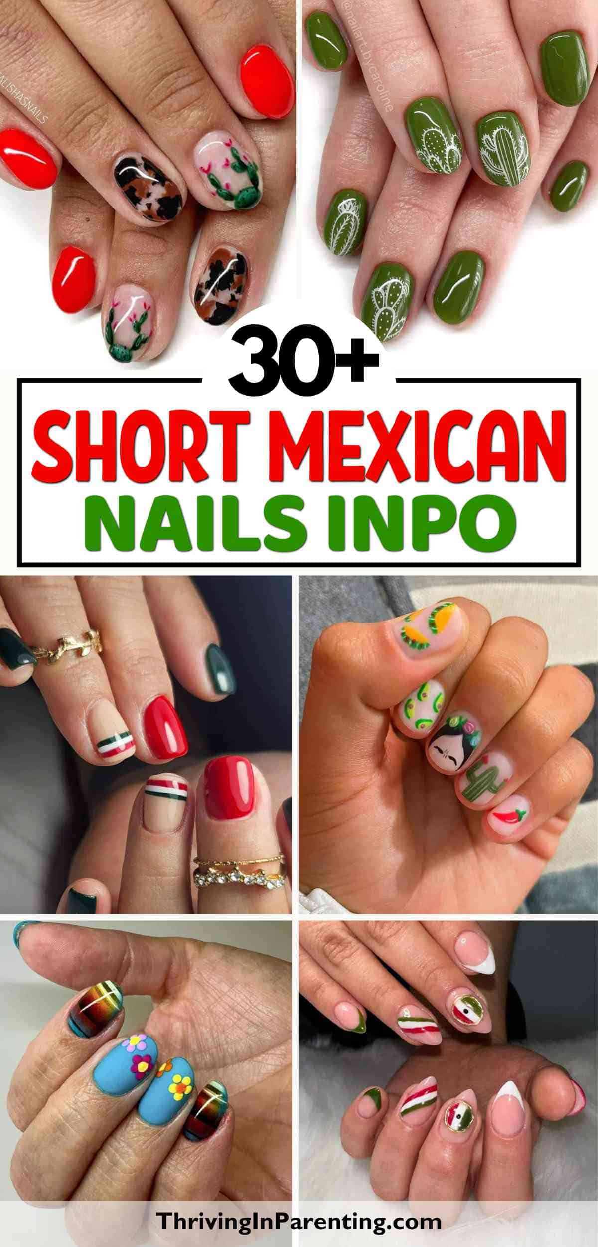 Collage of hands with various colorful short Mexican nail ideas, featuring floral patterns, stripes, and traditional motifs.