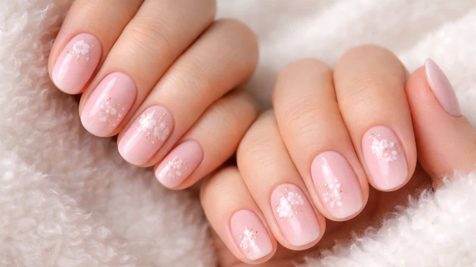 Close-up of hands with short, oval-shaped nails painted light pink and decorated with small white floral designs, resting on a soft, white textured fabric.