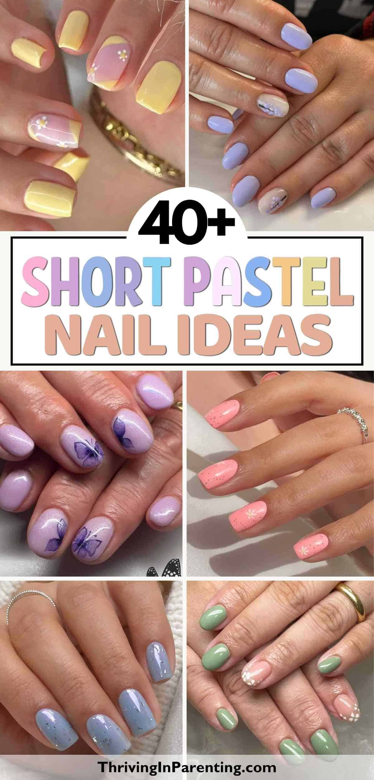 Collage of hands with short pastel nails painted in various colors and designs, including flowers and patterns.