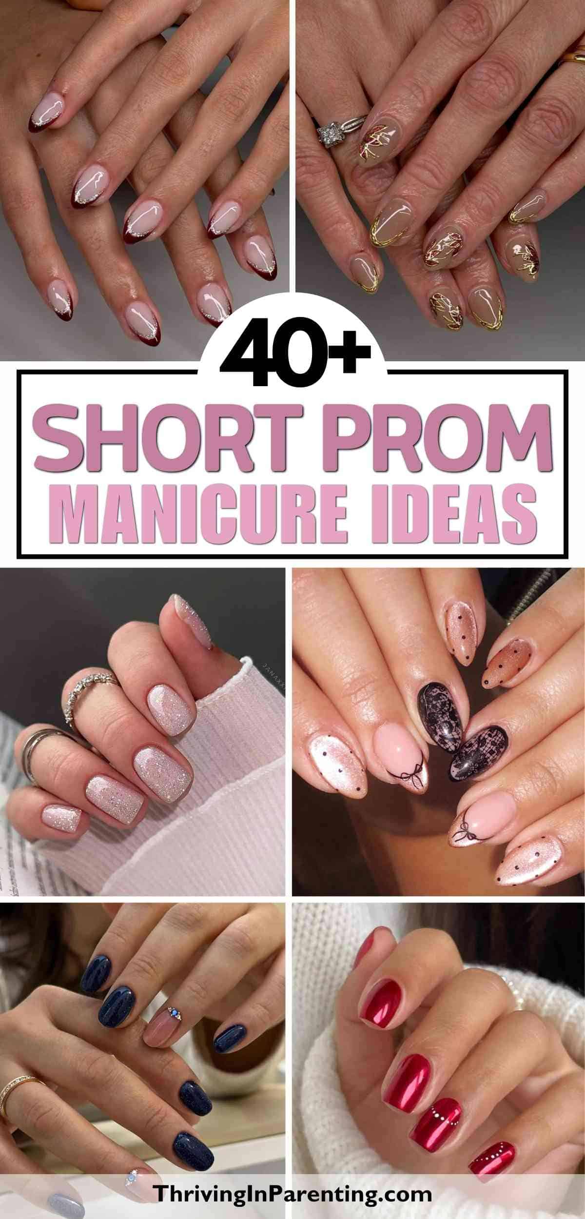 Collage of six close-up images showing different prom manicure designs in various colors and styles.