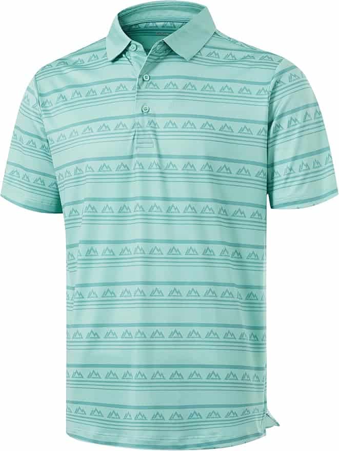 Light teal short-sleeve polo shirt with a buttoned collar and horizontal mountain pattern stripes.
