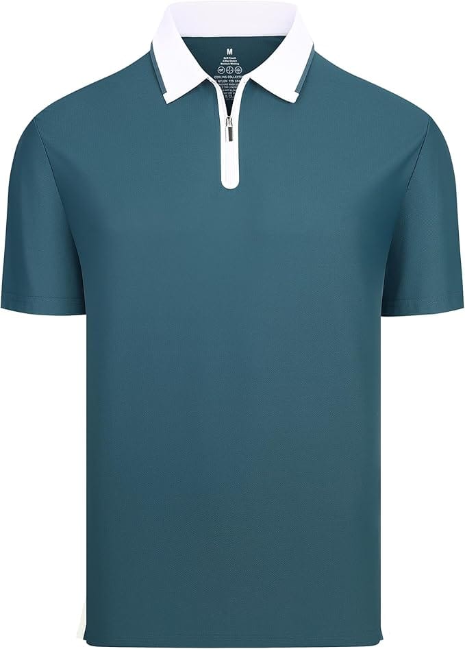 Teal short-sleeve polo shirt with a white collar and white half-zip front closure, displayed on a plain background.