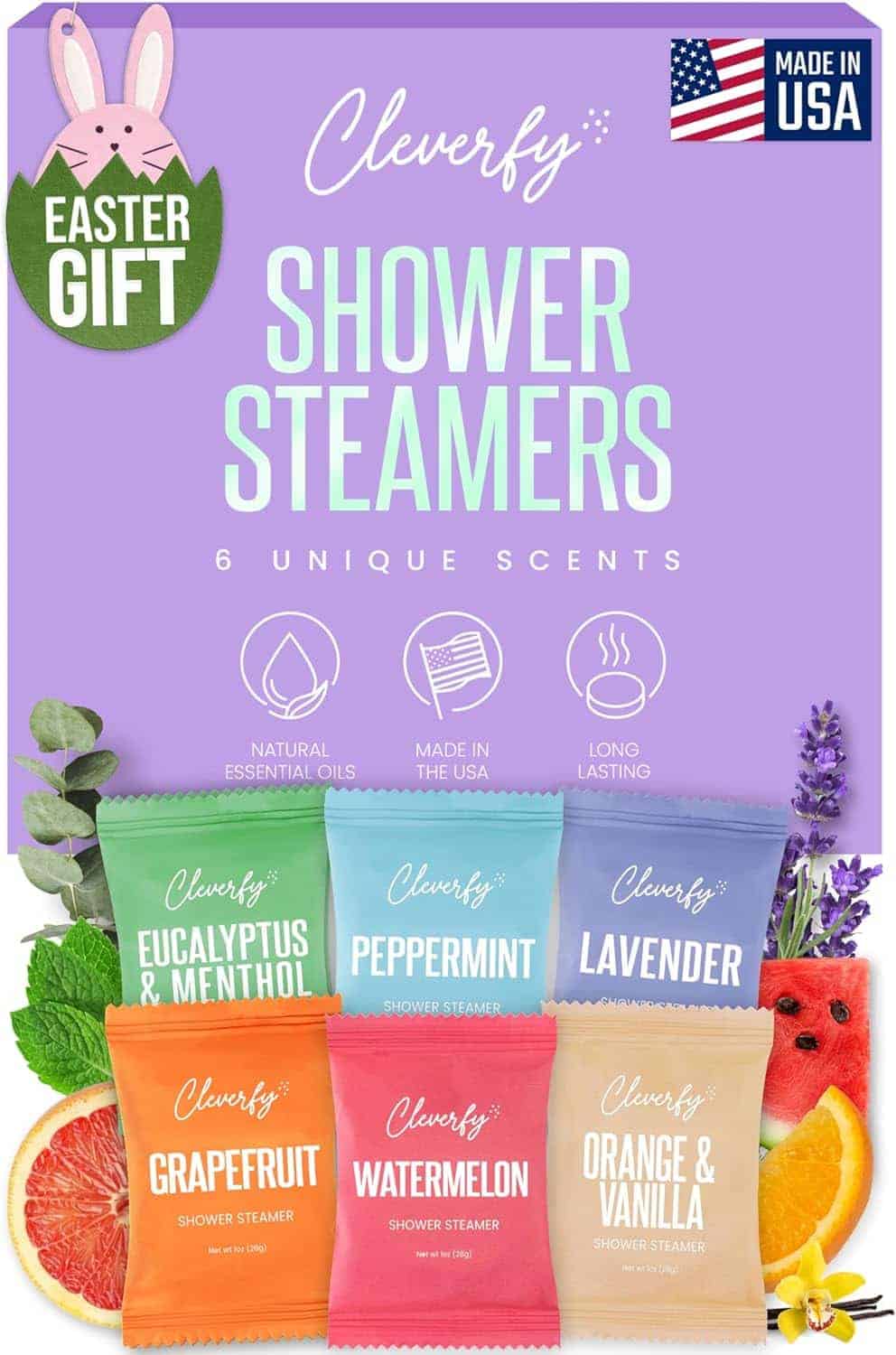 Cleverfy Shower Steamers gift set with six scented steamers (eucalyptus & menthol, peppermint, lavender, grapefruit, watermelon, orange & vanilla); Easter and Made in USA labels visible.
