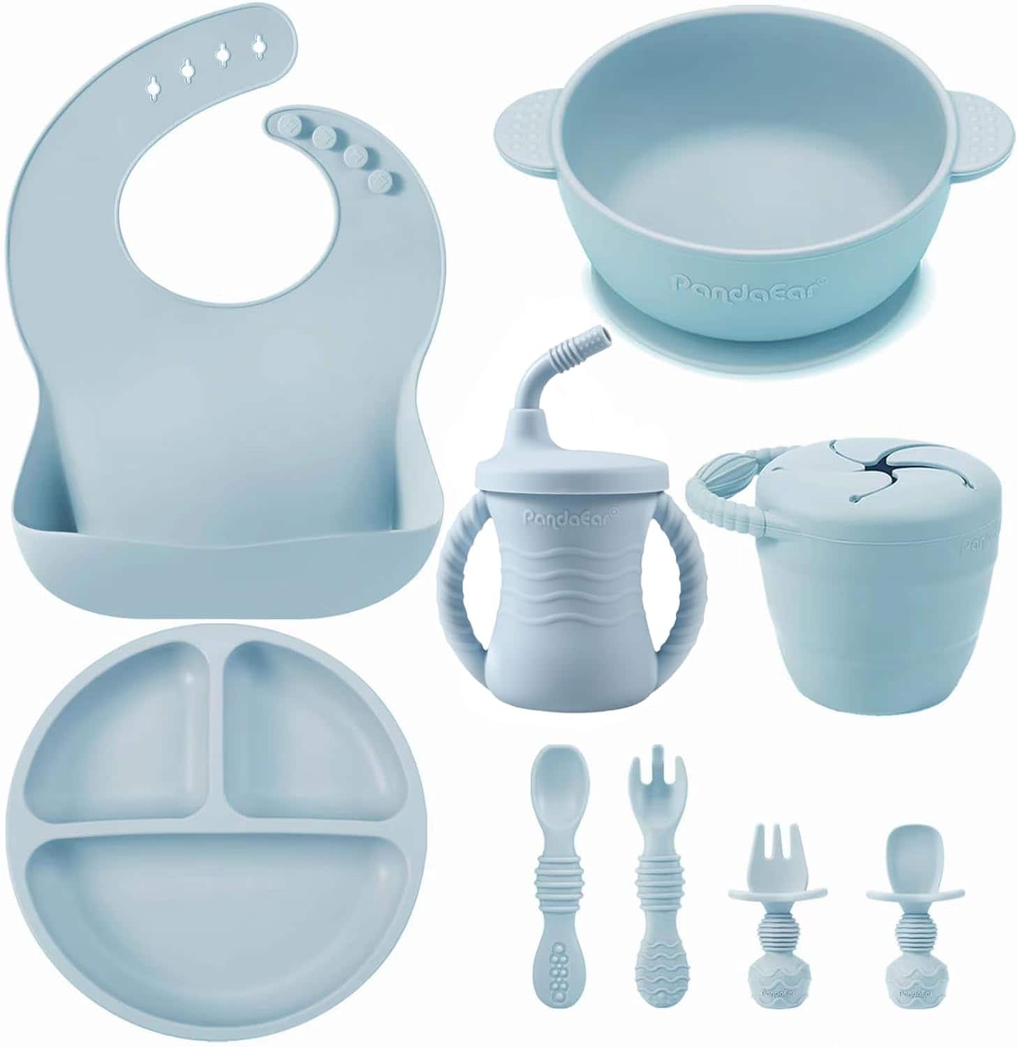A set of light blue silicone baby feeding items, including a bib, bowl, sippy cup, snack container, divided plate, and four utensils.