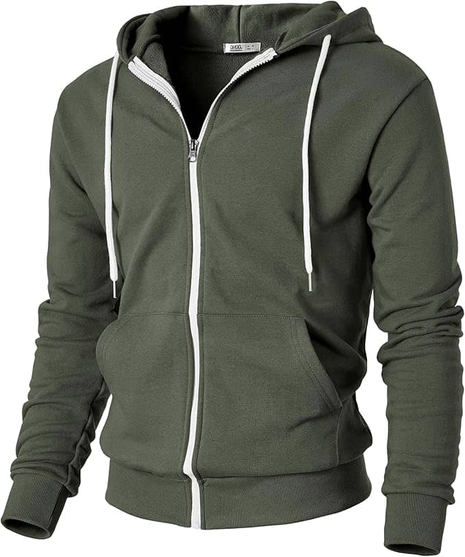 A dark green zip-up hoodie with white drawstrings and front pockets, displayed on a plain background.