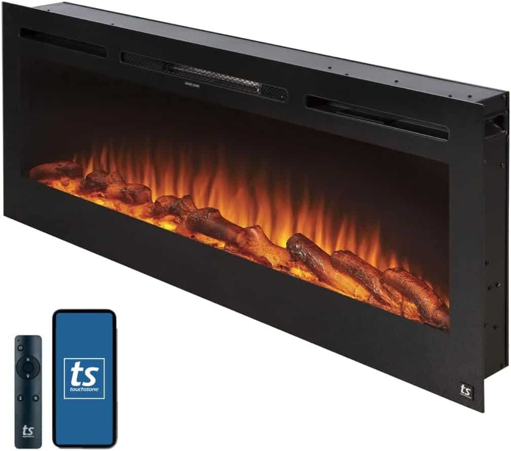 Rectangular electric wall-mounted fireplace with glowing ember and log display, shown with a remote control and a smartphone featuring a "ts" app icon.