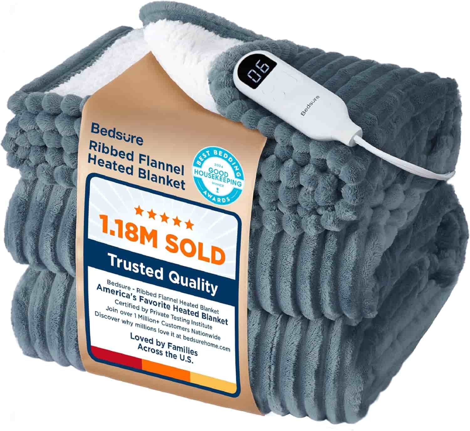 Folded grey ribbed flannel heated blanket with a digital controller, featuring product labels highlighting sales and quality awards.