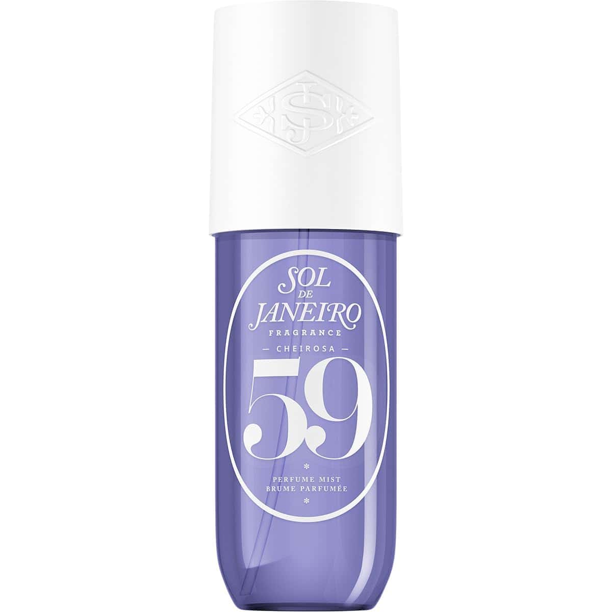 A bottle of Sol de Janeiro Cheirosa '59 Perfume Mist with a white cap and purple container featuring white text.