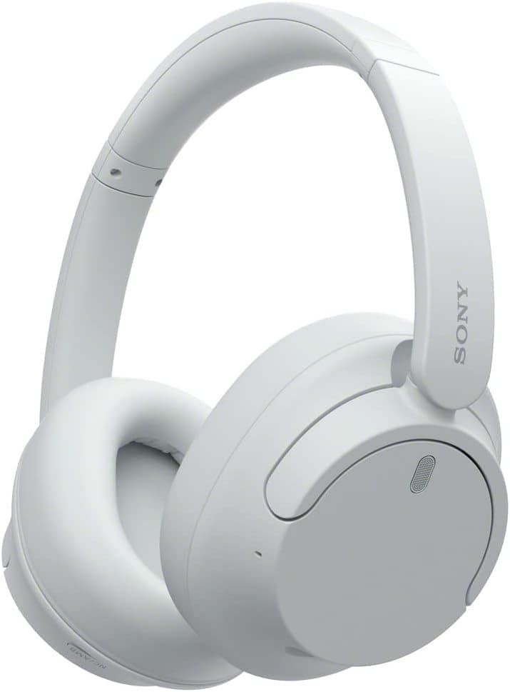 A pair of over-ear, white Sony wireless headphones with padded ear cups and a sleek, minimalist design.