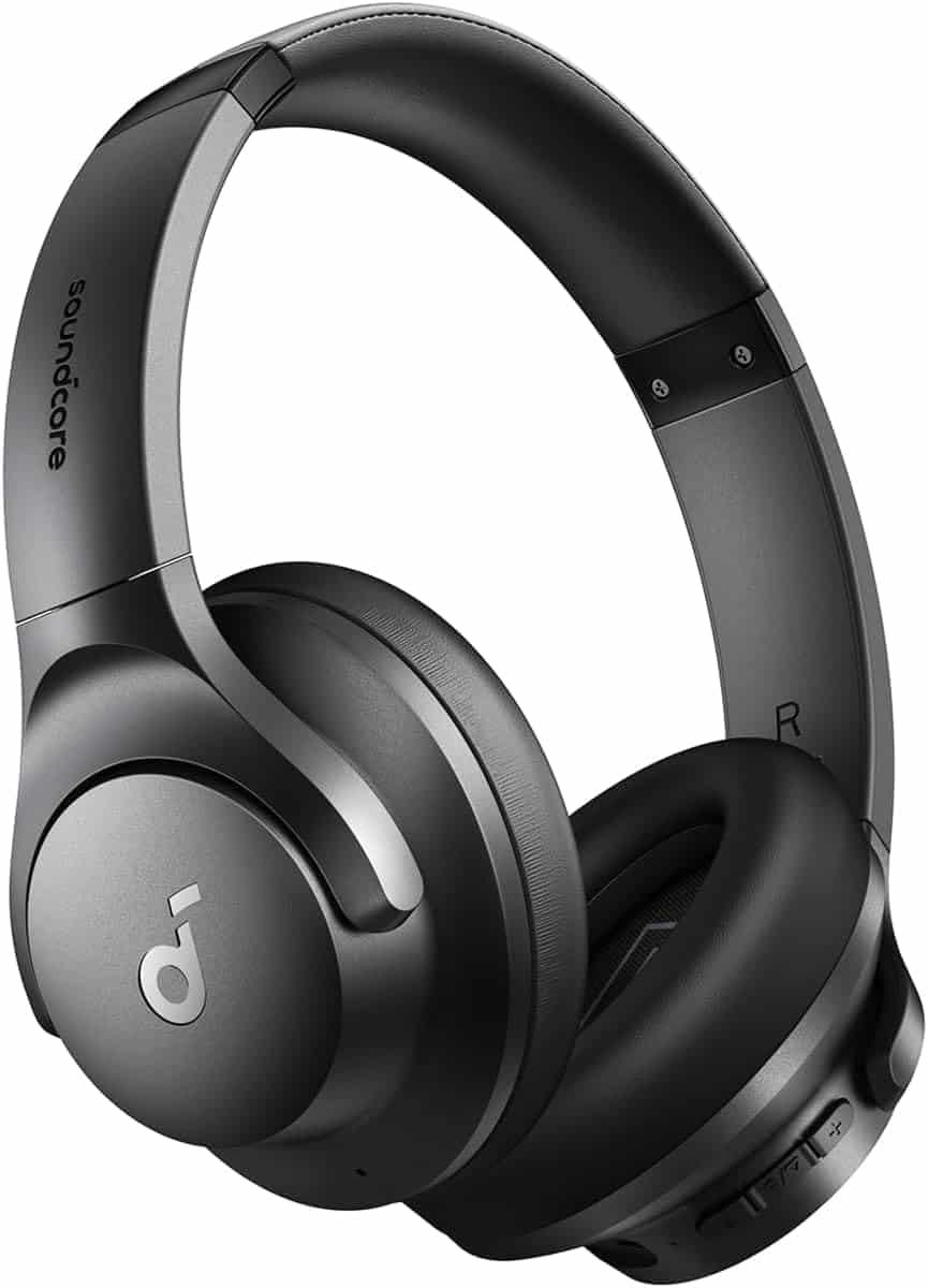 Black over-ear wireless headphones with cushioned ear cups and headband, showing the Soundcore logo and control buttons on the right ear cup.
