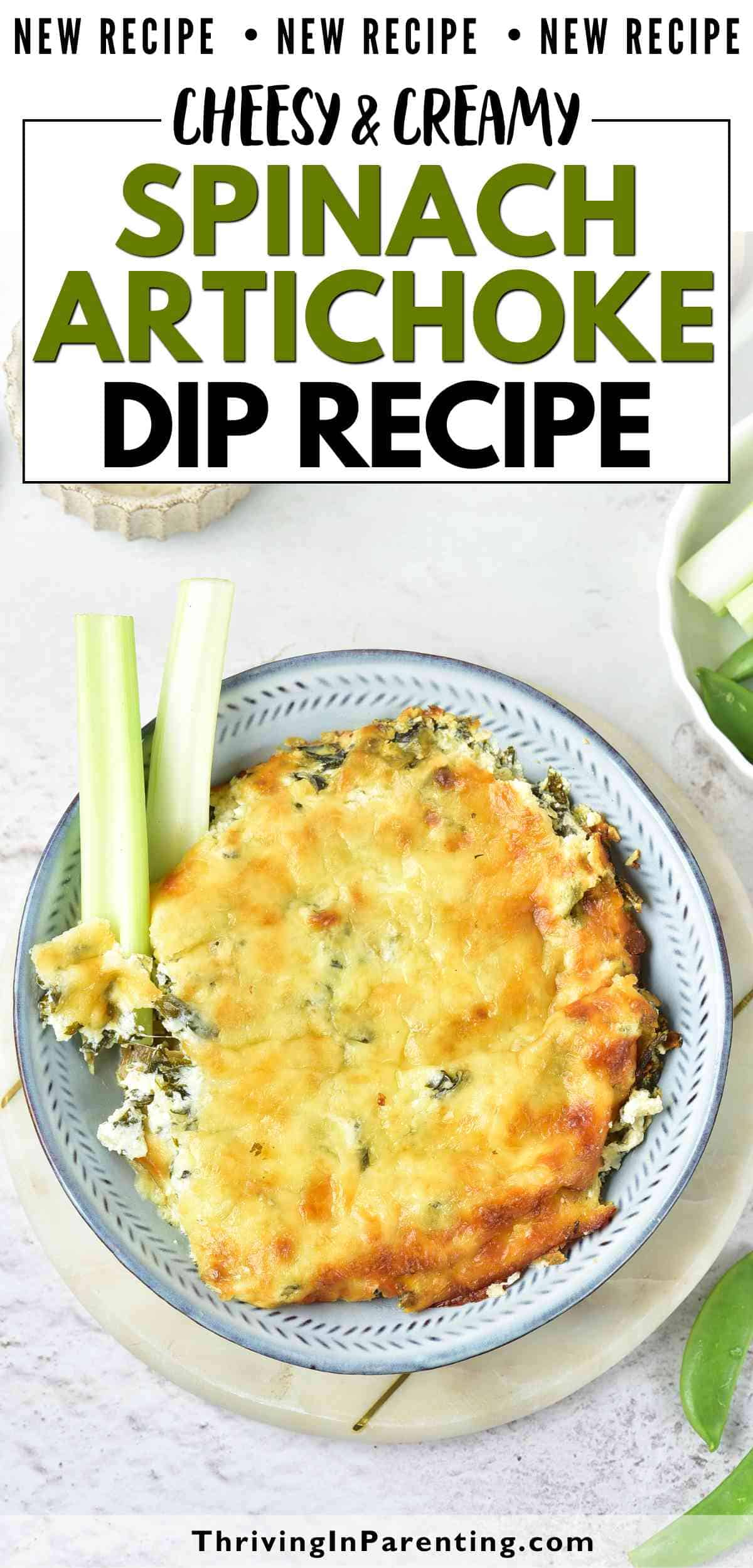 Pin image of spinach artichoke dip recipe blog post.