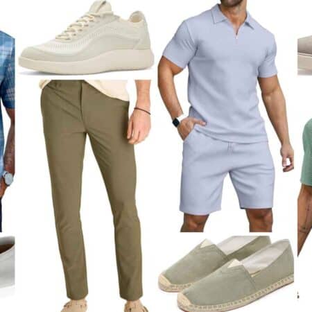 Collage of men's casual summer outfits and shoes, including shirts, shorts, pants, sneakers, loafers, and espadrilles in blue, green, beige, and neutral tones.