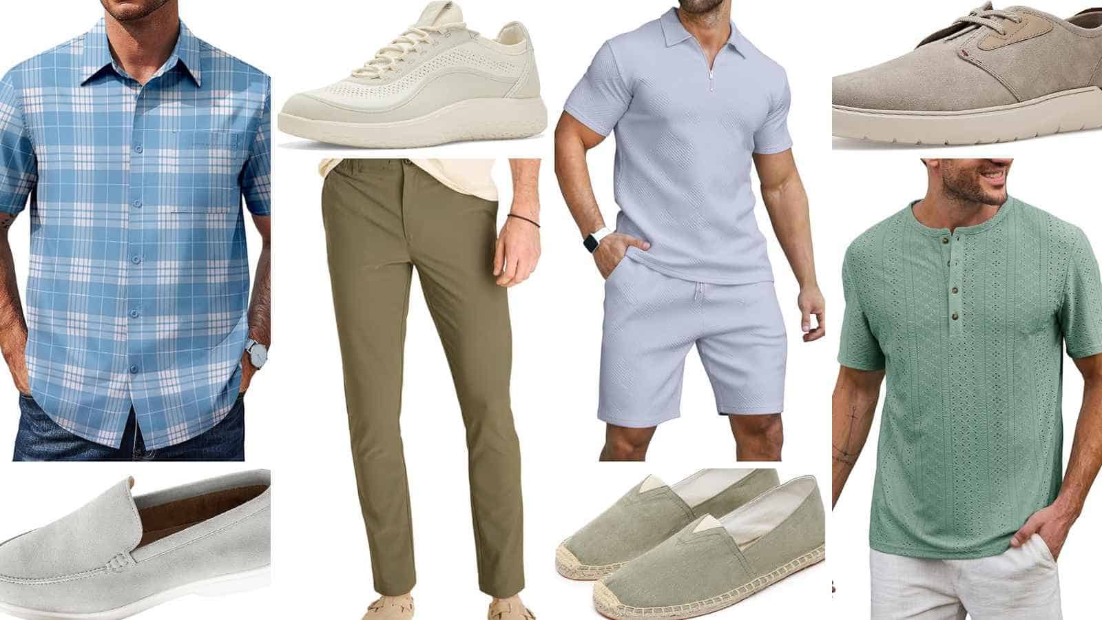 Collage of men's casual summer outfits and shoes, including shirts, shorts, pants, sneakers, loafers, and espadrilles in blue, green, beige, and neutral tones.