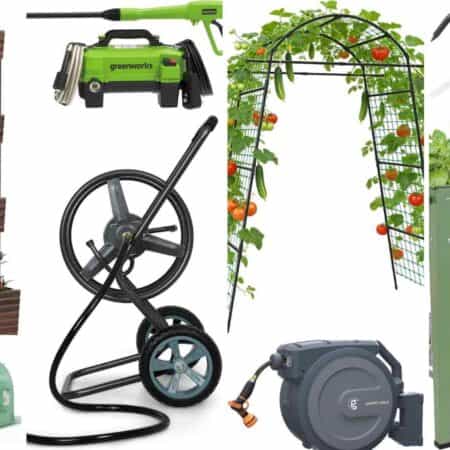 Collage of various gardening tools and equipment, including planters, a hose reel, power washer, green tunnel, arch trellis with tomatoes, raised bed, hand rake, and gardening tools.