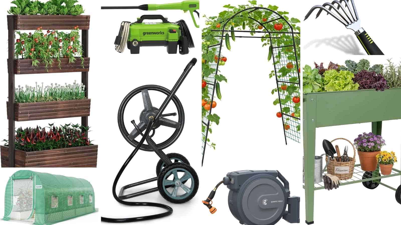 Collage of various gardening tools and equipment, including planters, a hose reel, power washer, green tunnel, arch trellis with tomatoes, raised bed, hand rake, and gardening tools.