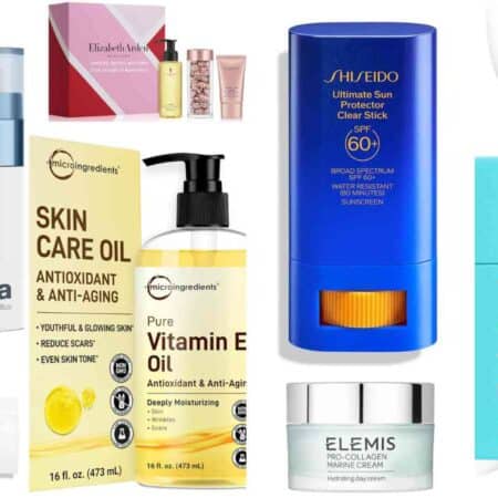 A collection of various skincare products, including creams, oils, serums, pads, and sunscreen, arranged against a white background.