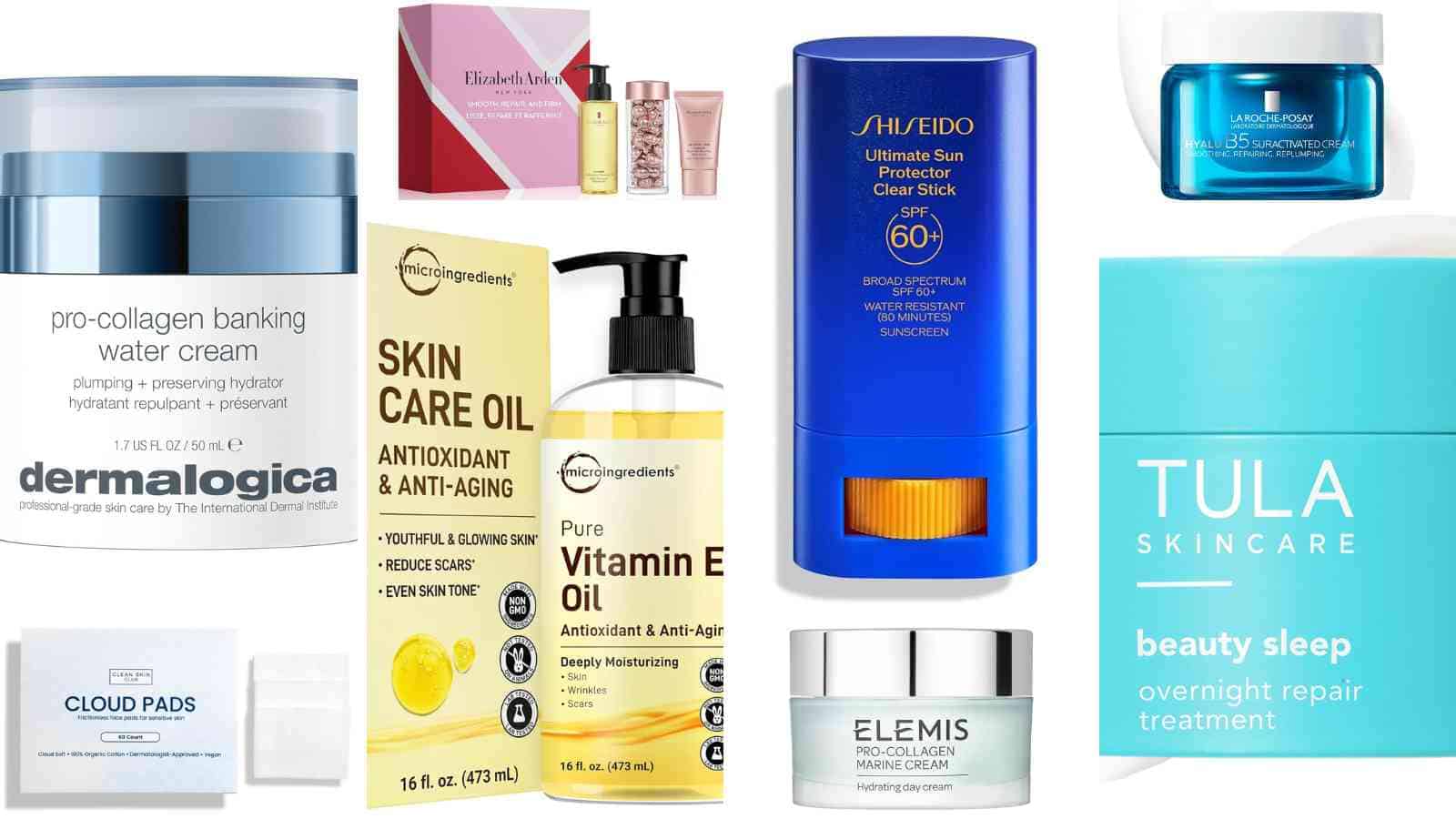 A collection of various skincare products, including creams, oils, serums, pads, and sunscreen, arranged against a white background.