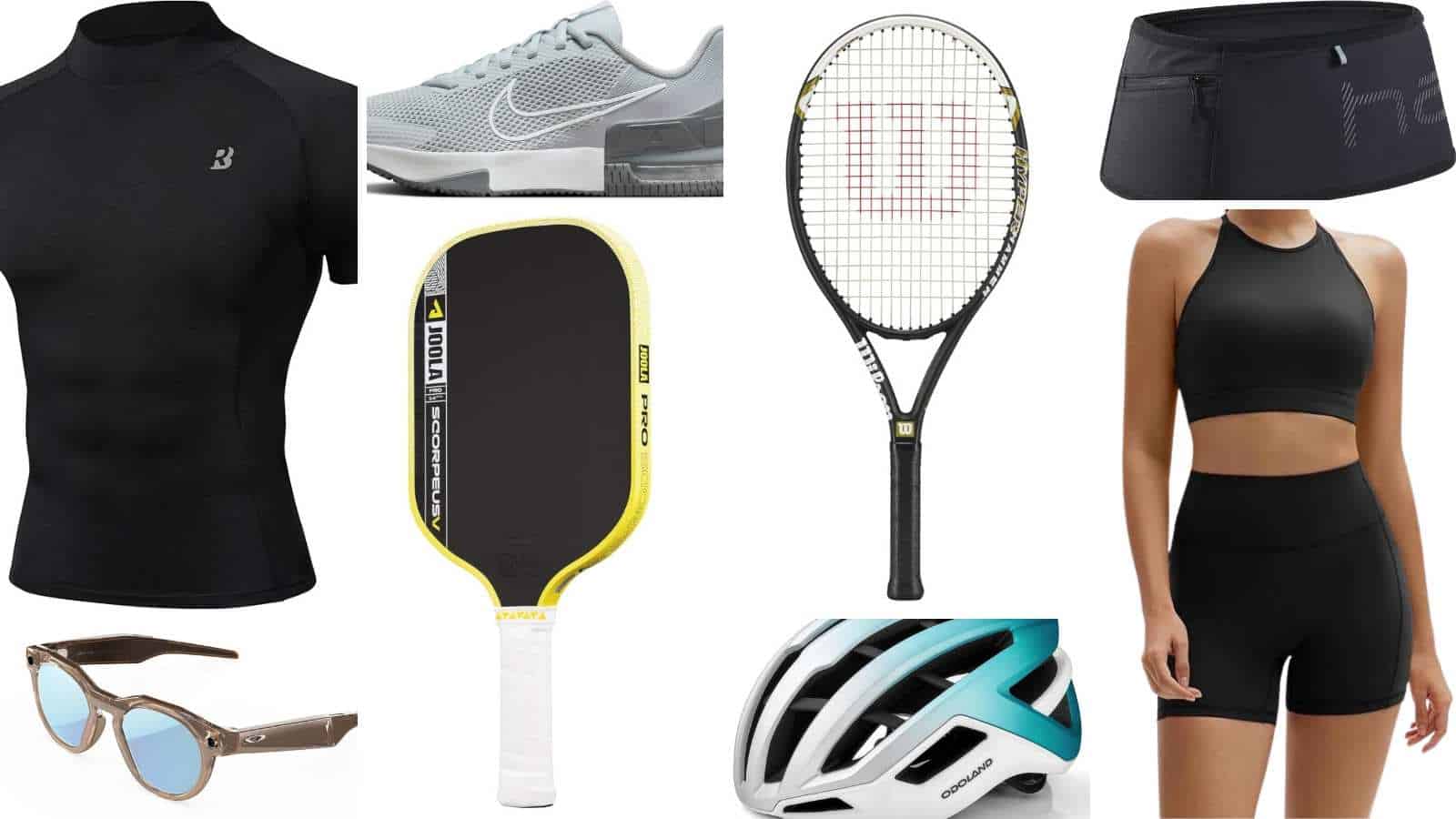 Collage of sports items: black compression shirt, gray Nike sneakers, pickleball paddle, tennis racket, black waist bag, sunglasses, bike helmet, and black sports bra with shorts set.