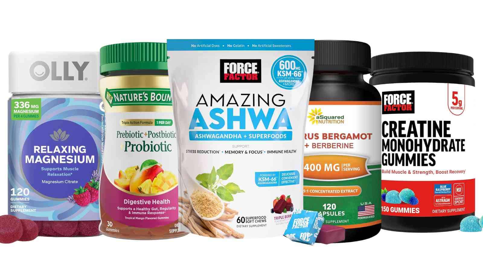 Five bottles of dietary supplements, including gummies, capsules, and powders, labeled for magnesium, probiotics, ashwagandha, berberine, and creatine monohydrate.