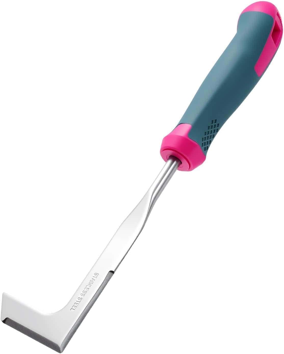 A garden hand weeder tool with a stainless steel blade, ergonomic blue handle, and pink accents, designed for removing weeds.