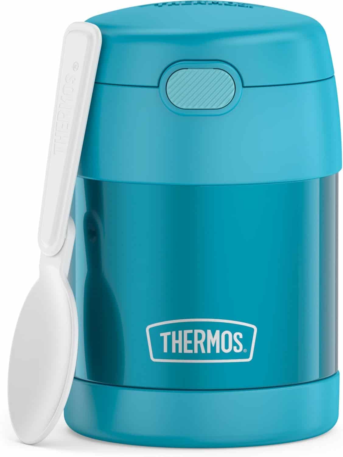 A blue Thermos food jar with a white folding spoon attached to its side, shown against a white background.