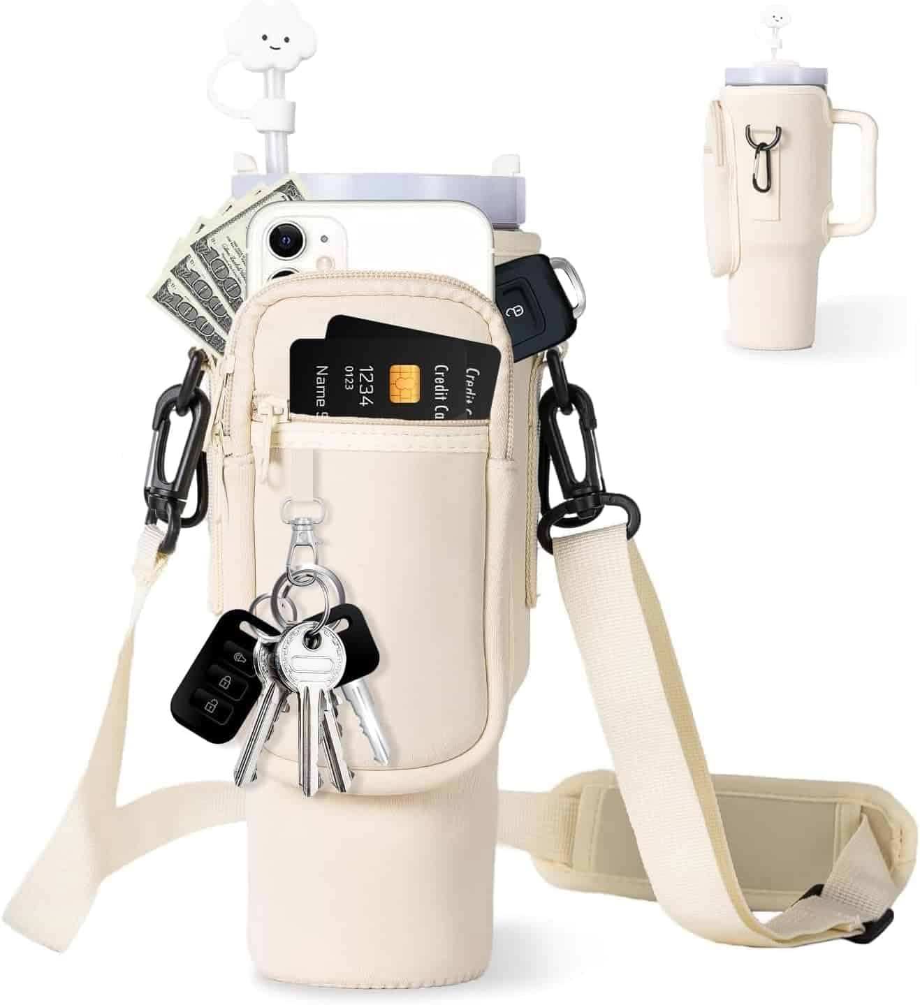 Beige water bottle holder with shoulder strap, holding a phone, cards, cash, keys, and a large tumbler with a smiley straw topper.