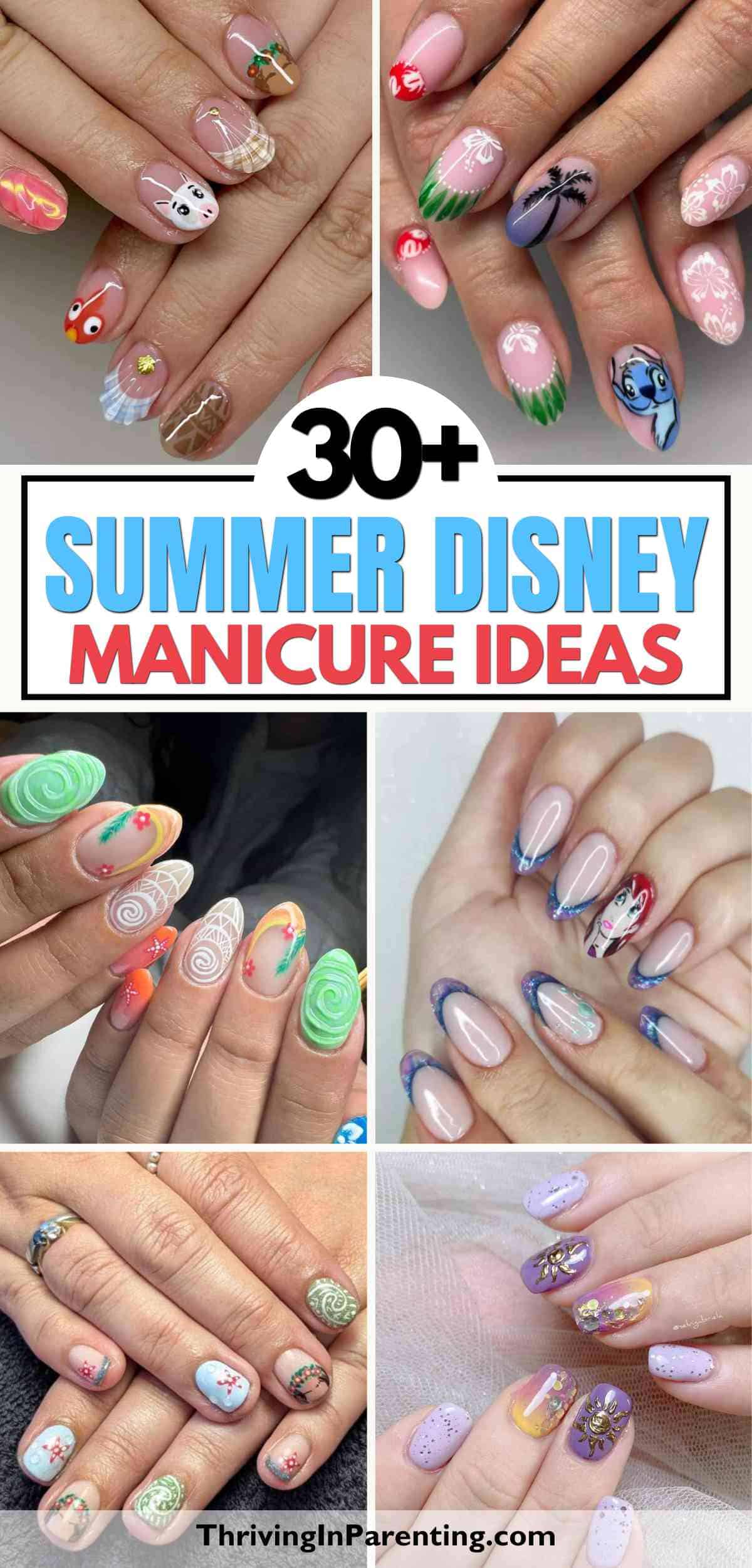 Collage of various hands displaying colorful summer Disney nail designs with characters and motifs.
