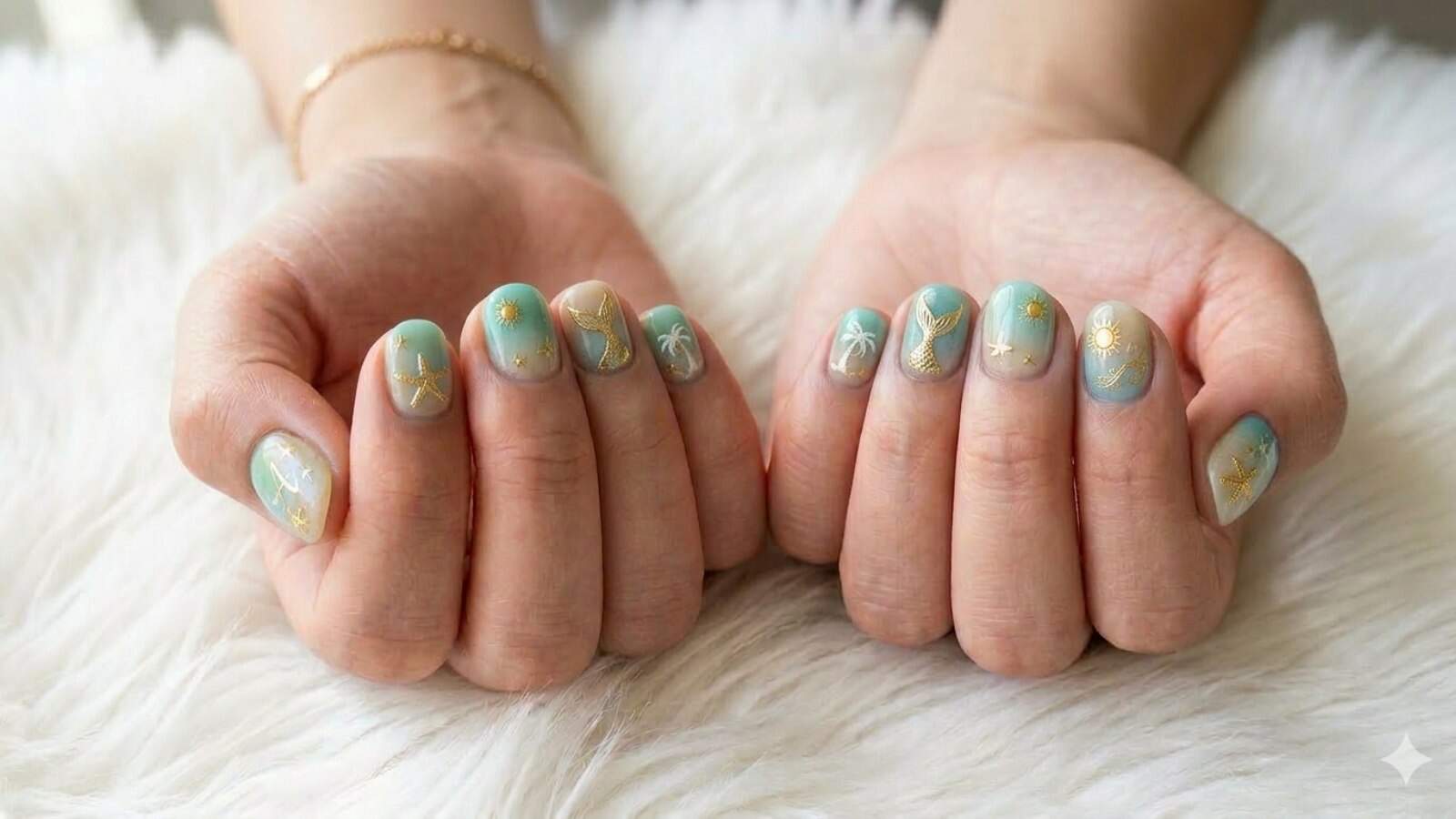Two hands displaying manicured nails painted with blue and nude polish, decorated with gold palm trees, stars, and seashell designs, resting on a white furry surface.
