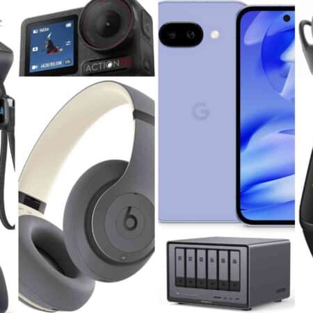 A collage of electronic gadgets including a power bank, action camera, headphones, smartphone, wireless earbuds, fitness tracker, remote control, game controller, and a network storage device.