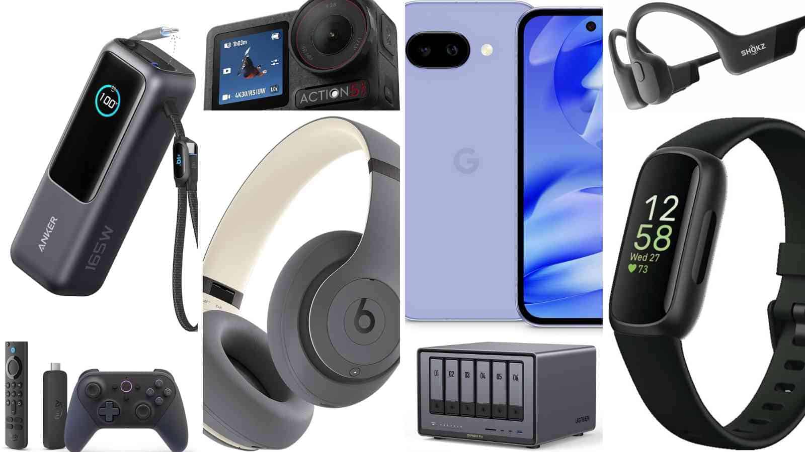 A collage of electronic gadgets including a power bank, action camera, headphones, smartphone, wireless earbuds, fitness tracker, remote control, game controller, and a network storage device.