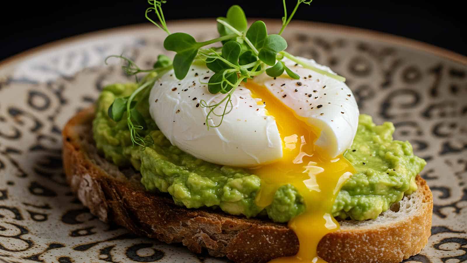 A poached egg with a runny yolk sits on mashed avocado atop a slice of toasted bread, garnished with microgreens and black pepper.