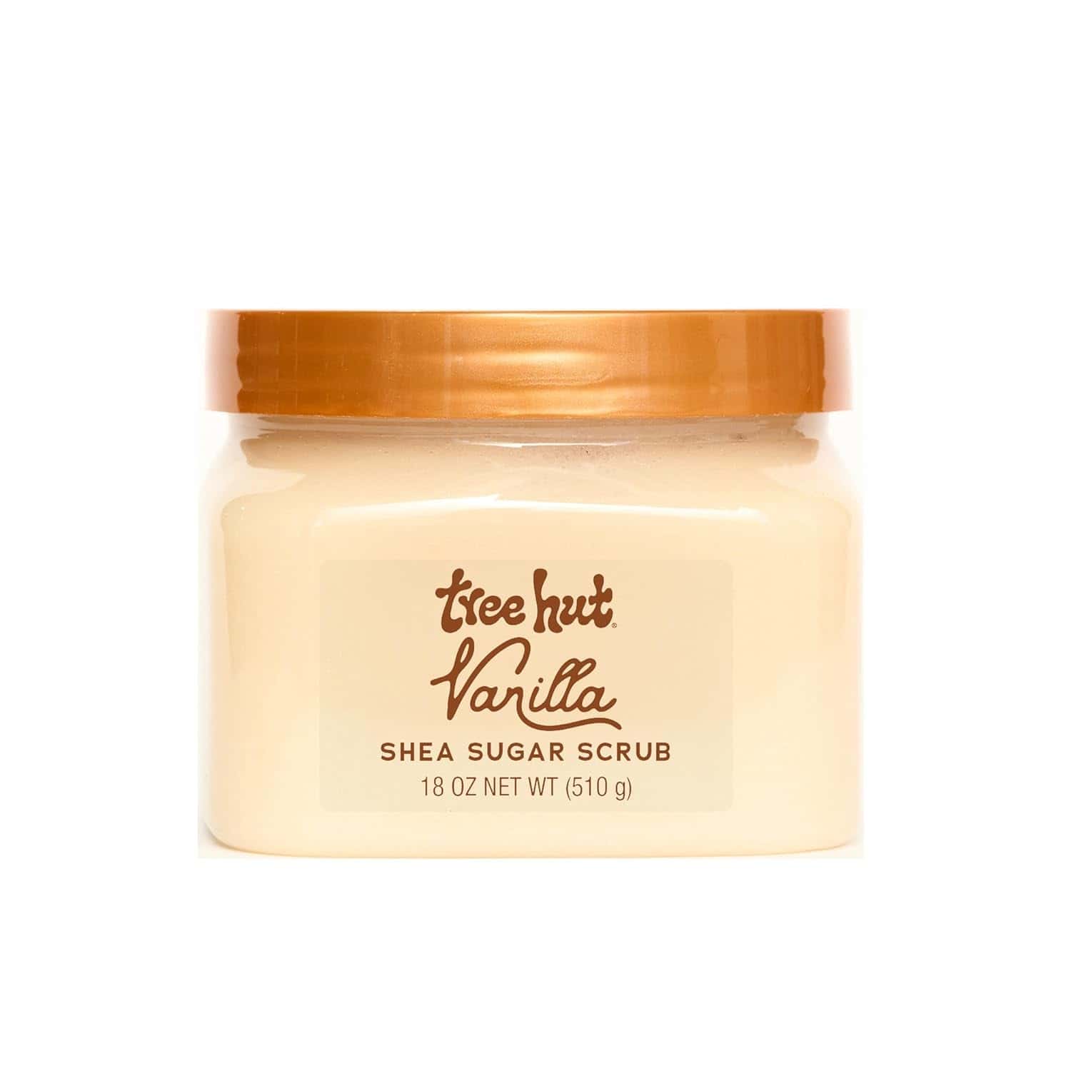 A jar of Tree Hut Vanilla Shea Sugar Scrub with a brown lid and beige label, containing 18 oz (510 g) of product.