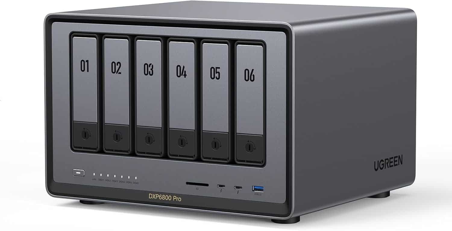 A Ugreen DXP8800 Pro external storage device with six drive bays, each labeled 01 to 06, front-facing power button, LED indicators, and a USB port.