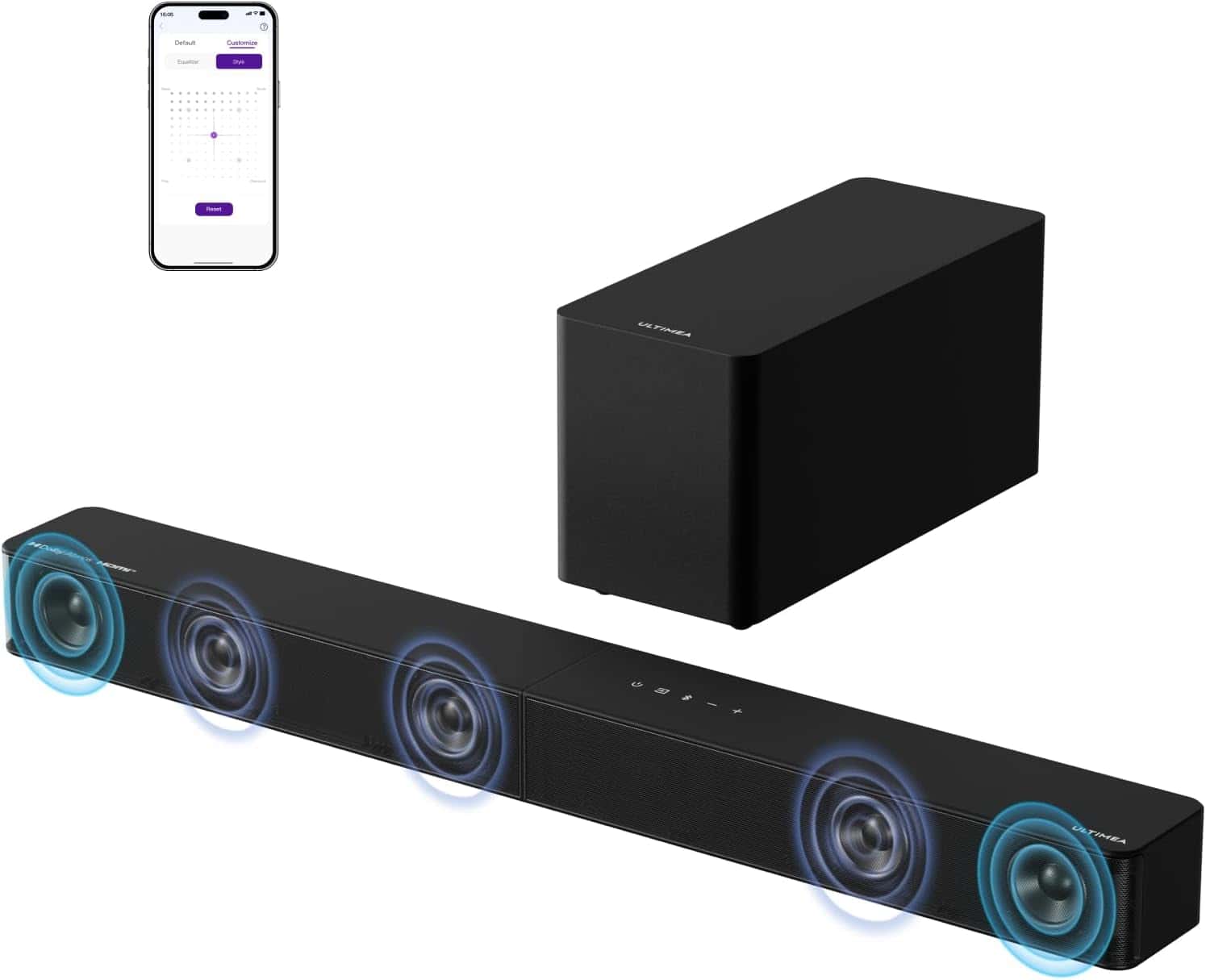 A black soundbar with four visible speakers, a matching subwoofer, and a smartphone displaying an audio control app.