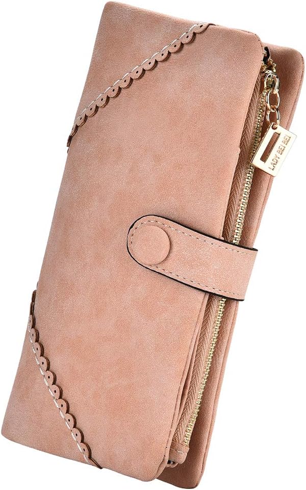 Light pink suede wallet with scalloped edge details, a snap button closure, and a gold zipper with a rectangular pull tab.