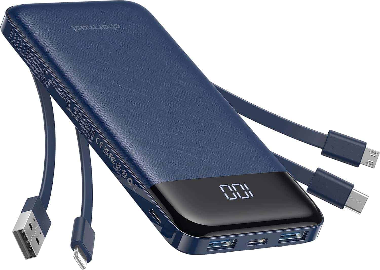 A blue portable power bank with a digital display, built-in cables for USB, USB-C, and micro-USB, and two USB output ports on the side.