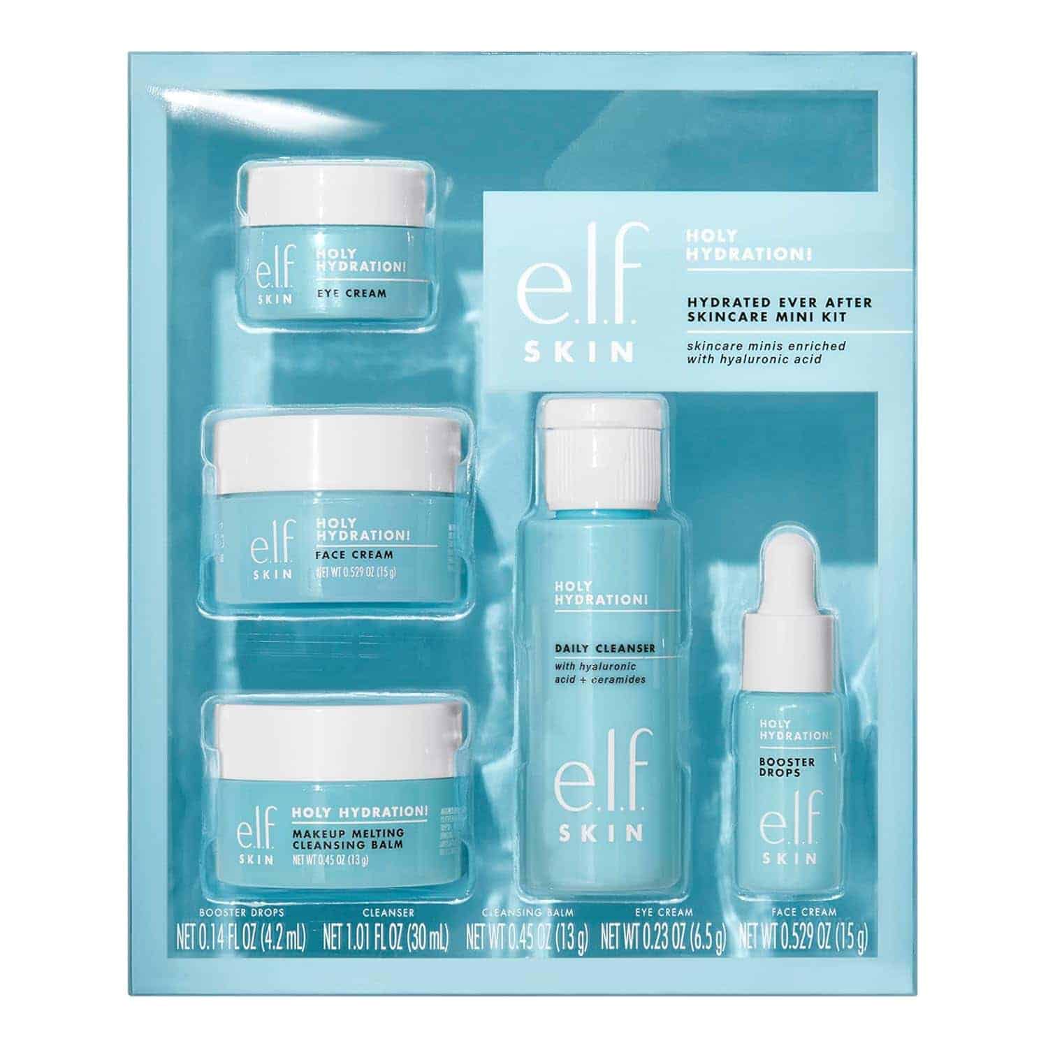 A boxed e.l.f. Skin Holy Hydration! Hydrated Ever After Skincare Mini Kit containing five skincare products in blue and white packaging.