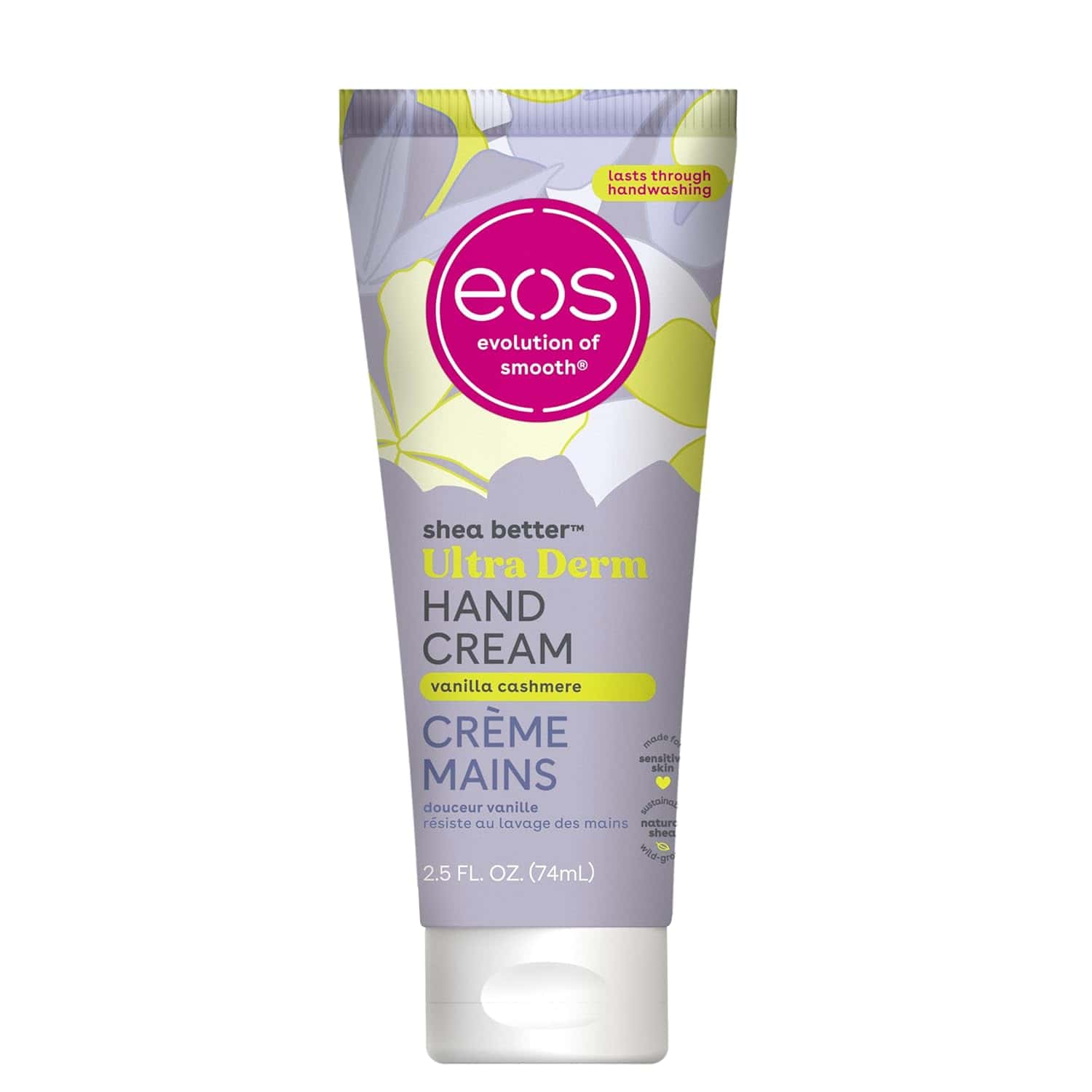A tube of eos shea better Ultra Derm hand cream in vanilla cashmere scent, 2.5 fl oz size, with a purple and yellow design and bilingual English and French labeling.