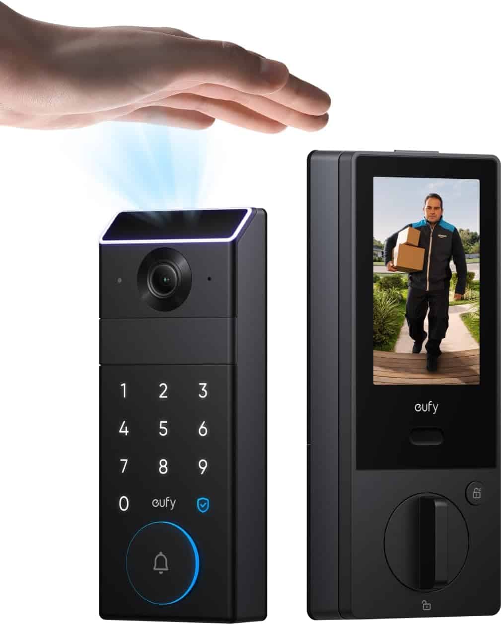 A hand hovers over a smart door lock with a touchpad and camera; its screen shows a delivery person holding a package outside.