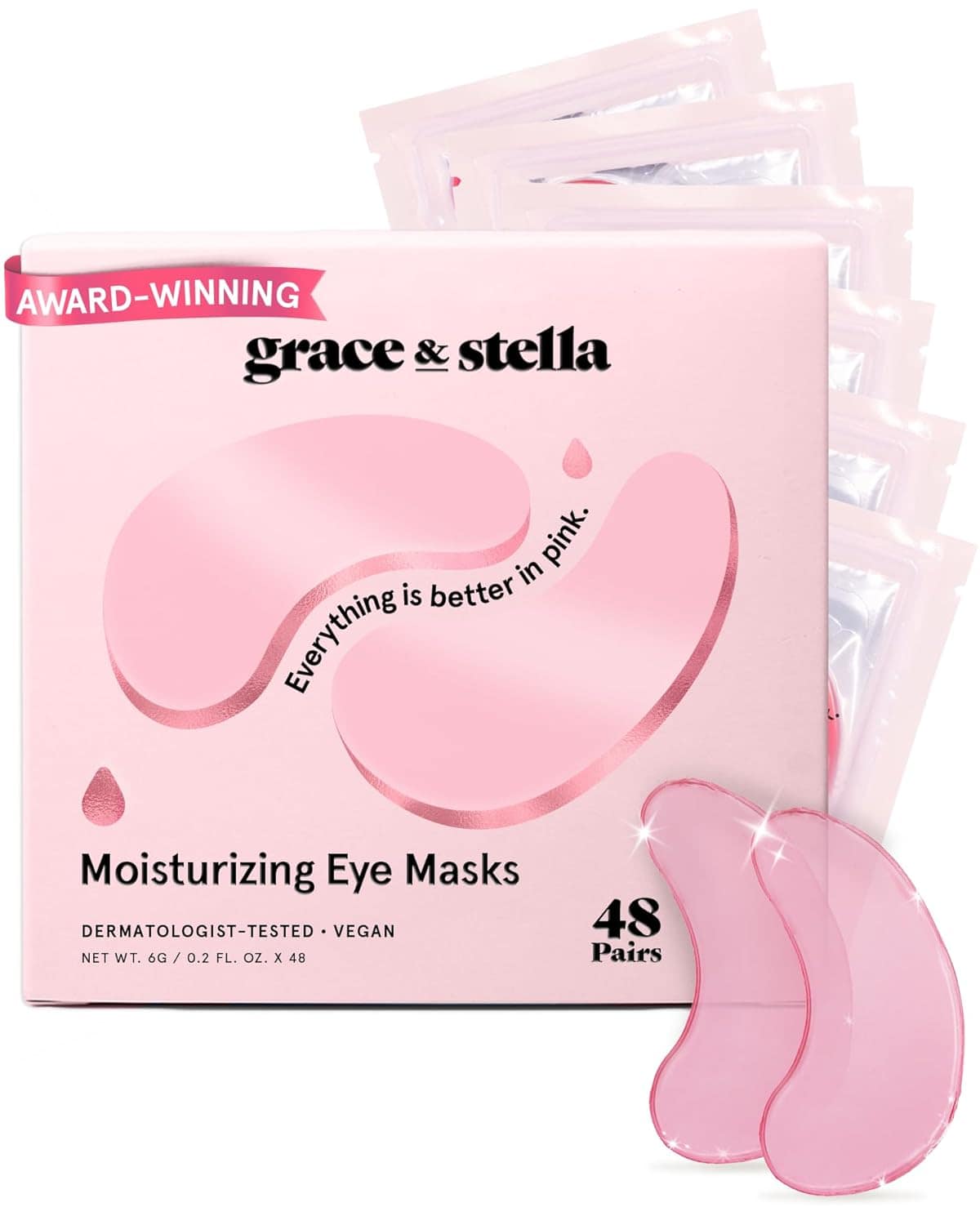 Box of Grace & Stella Moisturizing Eye Masks with 48 pairs, award-winning label, and individual pink eye mask packets displayed behind the box.