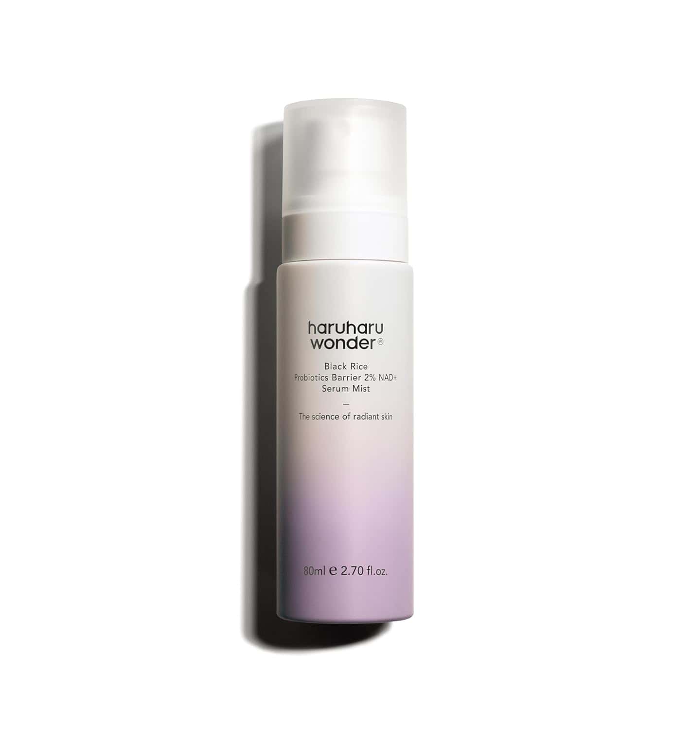 A bottle of Haruharu Wonder Black Rice Prebiotics Barrier 2% Niacinamide Serum Mist, 80ml, with a white and lavender gradient design, shown against a white background.