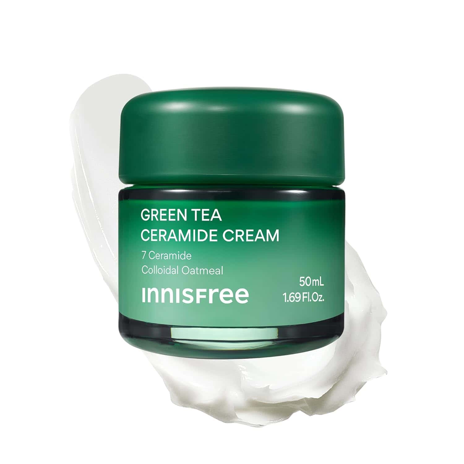 A green jar of Innisfree Green Tea Ceramide Cream is shown with white cream swirled beside it. The label lists 7 ceramides and colloidal oatmeal, and the size is 50 mL (1.69 fl. oz.).
