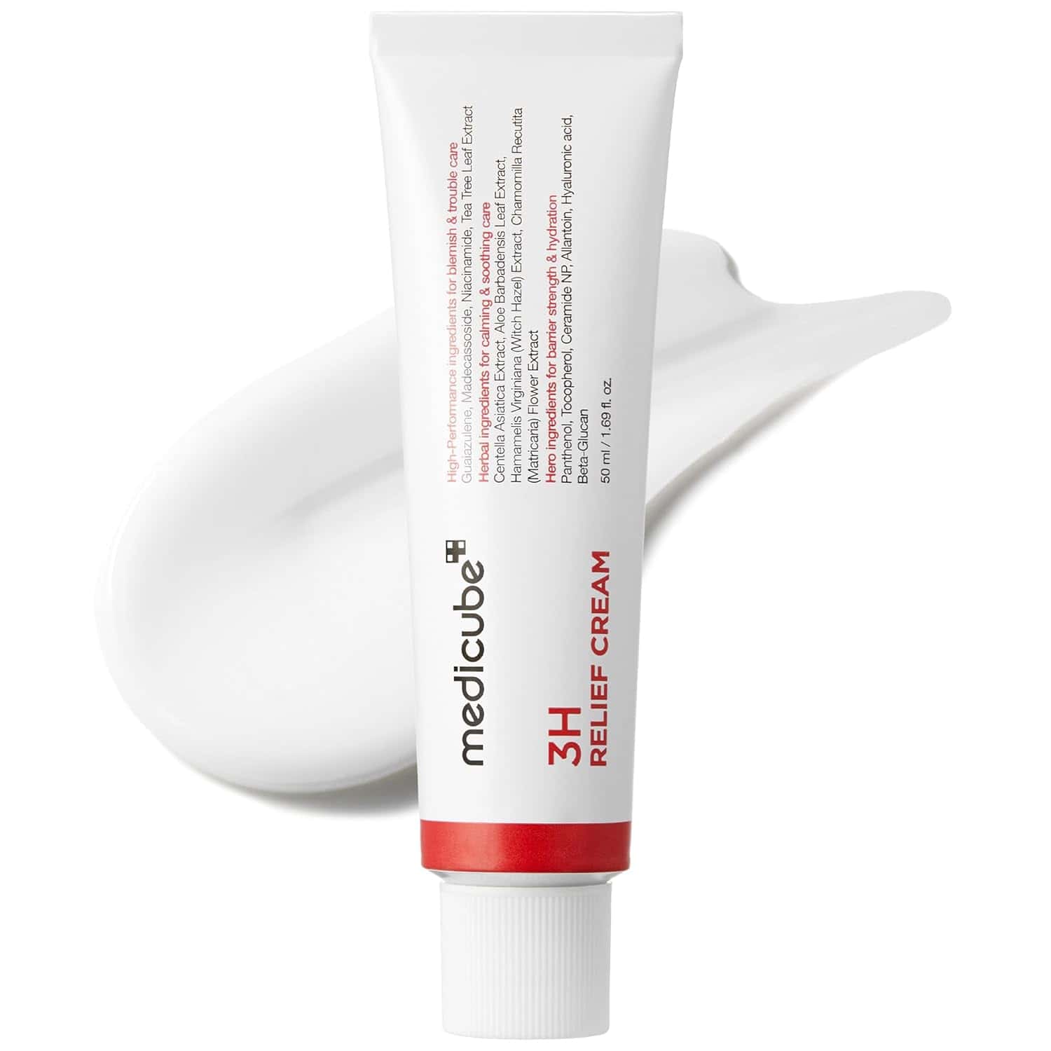 A white tube labeled "medicube 3H Relief Cream" lies on a smear of white cream, with the product cap facing forward.