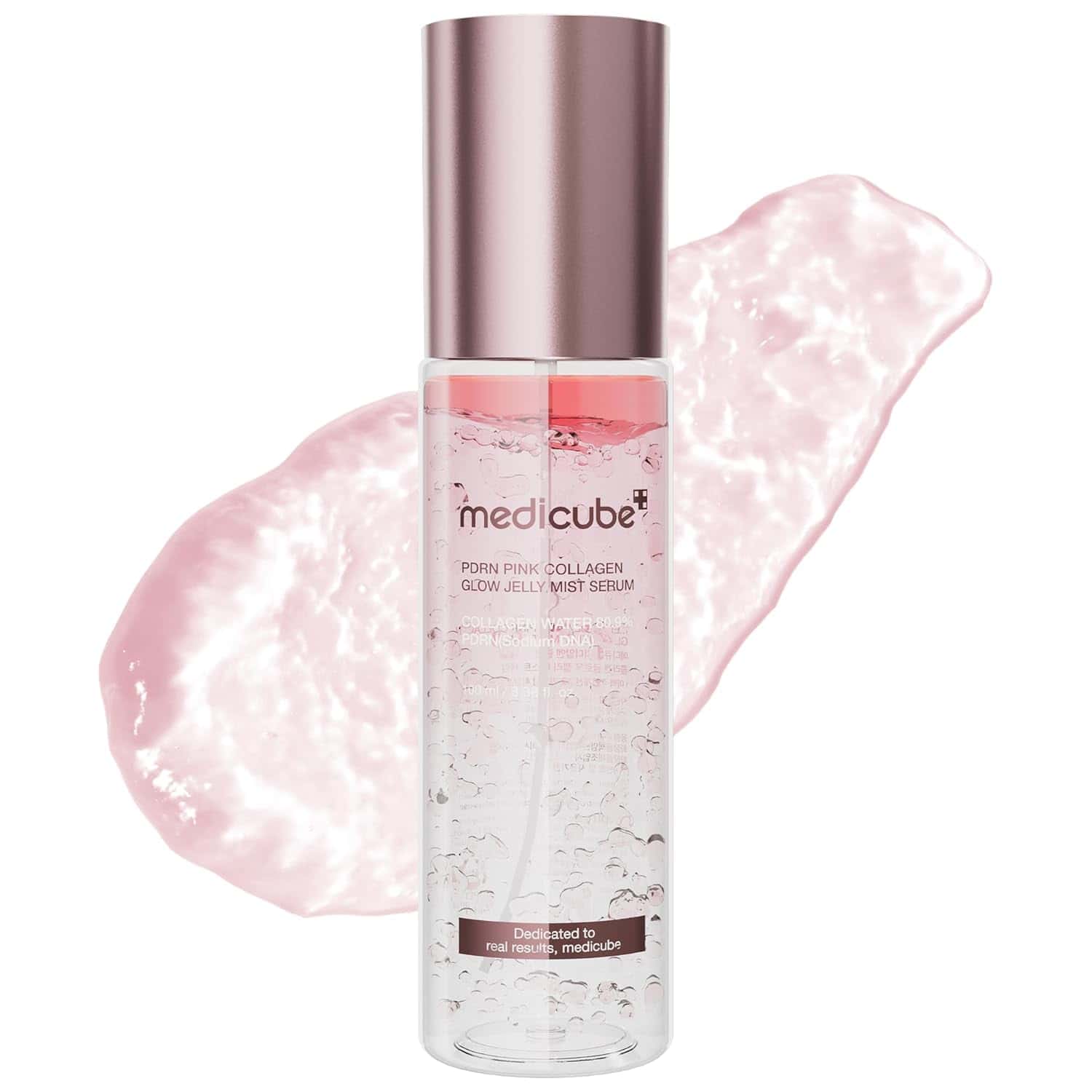 A clear bottle of Medicube PDRN Pink Collagen Glow Jelly Mist Serum with a pink gel-like substance displayed in the background.
